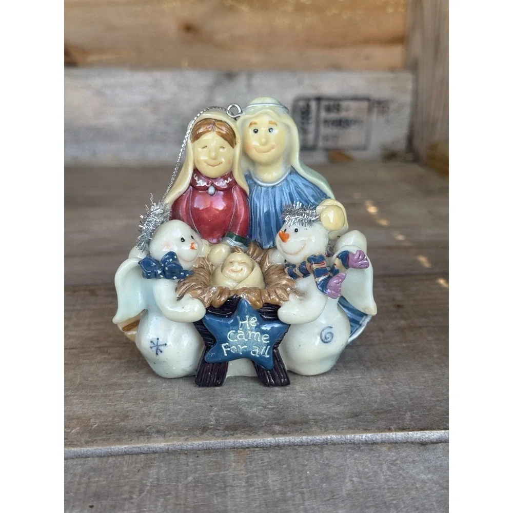 Resin Nativity Scene Christmas Ornament Jesus, Joseph, Mary‎ And Snowmen Angels